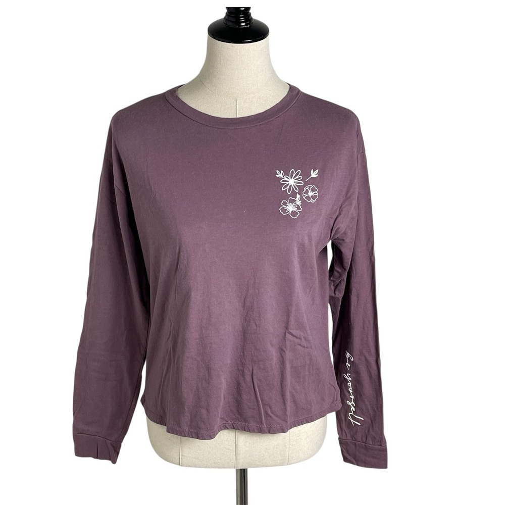 Dirtee Laundry‎ Purple Long Sleeve Graphic Tee Floral Be Yourself Quote Womens M
